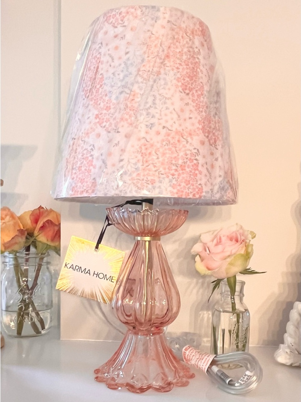 🆕- Karma Home Pink Fluted Glass Table Lamp w/ Floral Lampshade. NWT